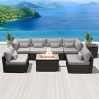 Outdoor Patio Furniture Set Wicker Rattan Patio Conversation Set with Fire Pit Table Sectional Sofa Set Seating Furniture with Thickened Cushion (Light Gray - Rectangular Fire Pit Table)