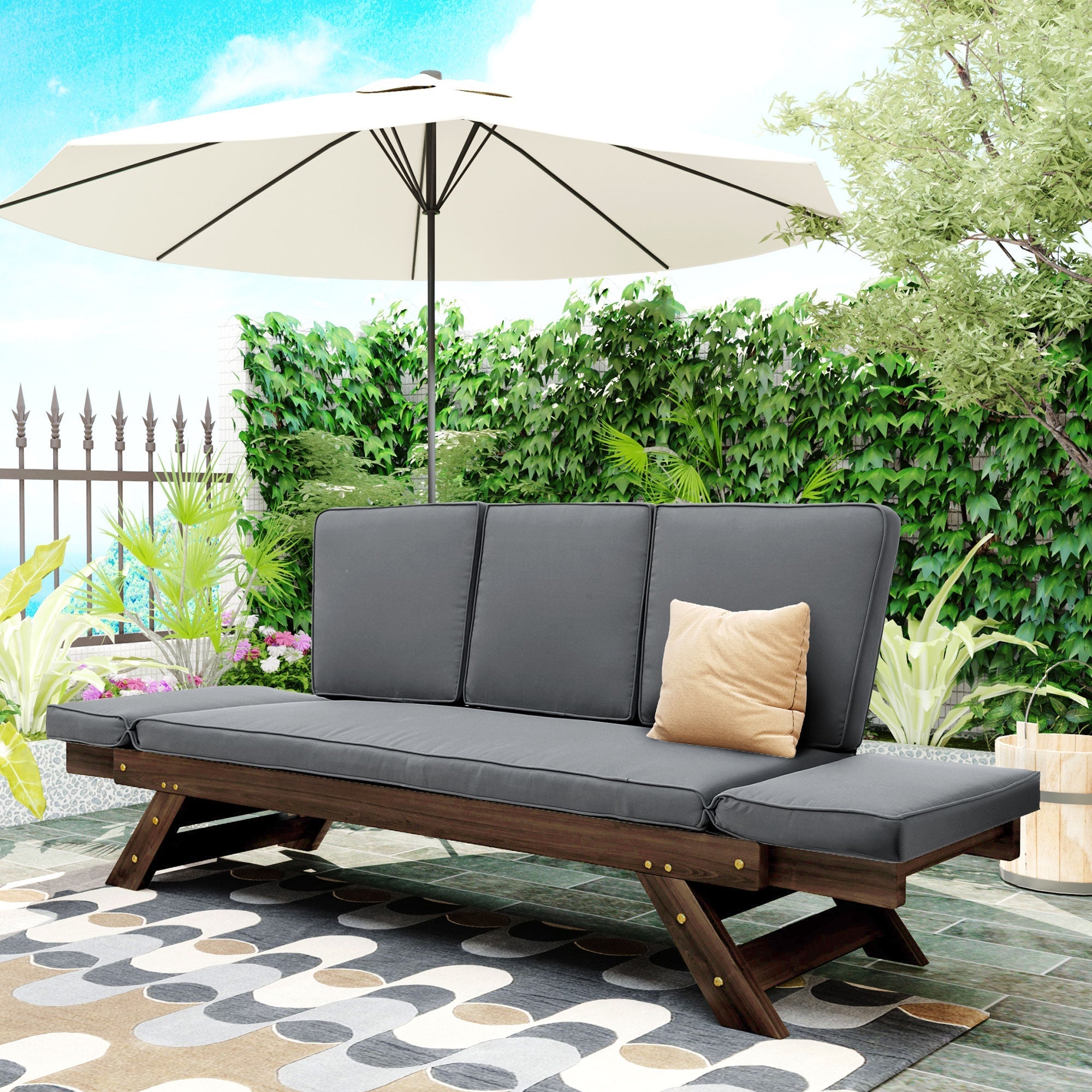 Outdoor Adjustable Patio Wooden Daybed Sofa Chaise Lounge with Cushions