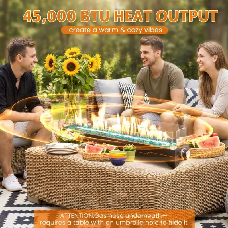 28" Table Top Propane Fire Pit, 45,000 BTU Tabletop Gas Fire Pit, Tabletop Firepit for Patio, Outdoor Portable Fireplace, Rectangular Fire Bowl with Glass Wind Guard, Glass Beads & Cover