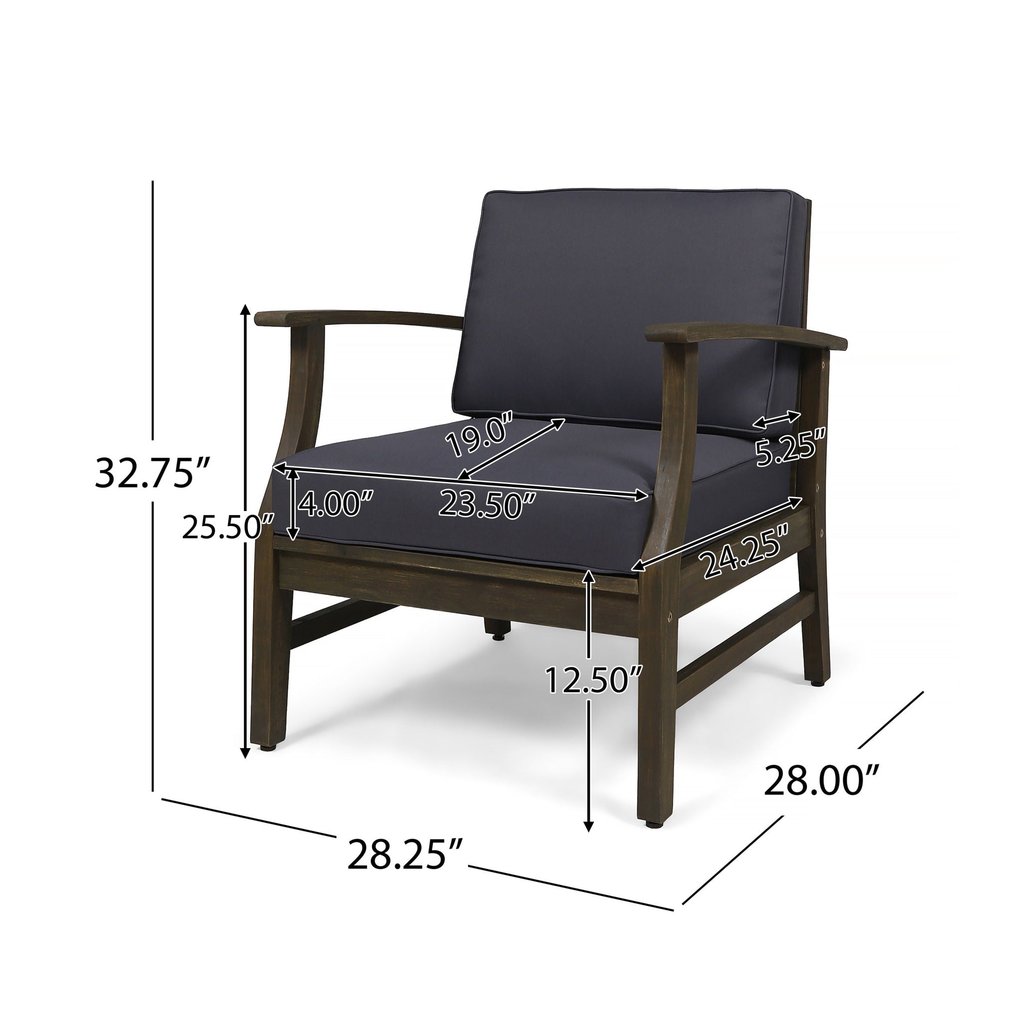 Outdoor Club Chair with Slat Panel Design and Water Resistant Cushion - Dark Gray