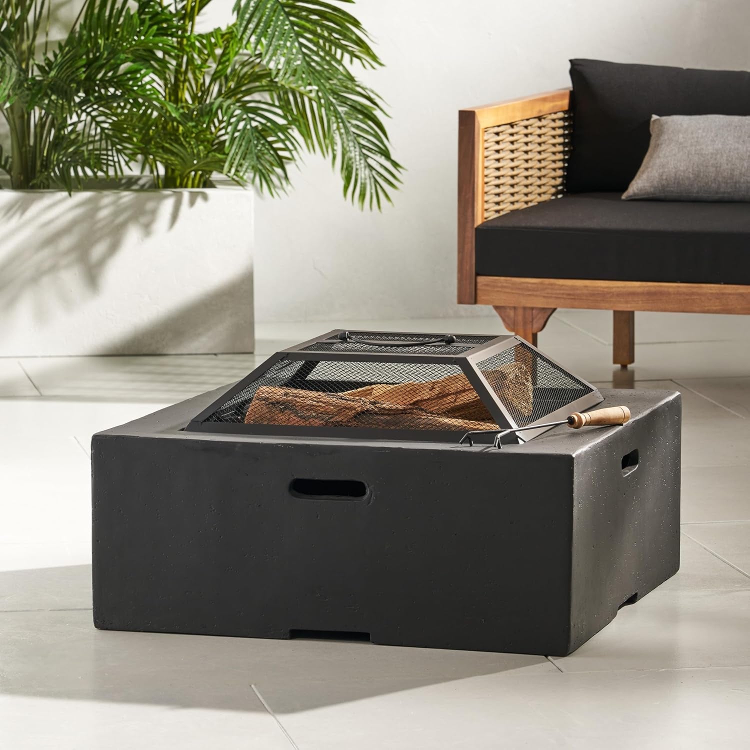 Berwick Outdoor Lightweight Concrete Wood Burning Square Fire Pit, Dark Gray