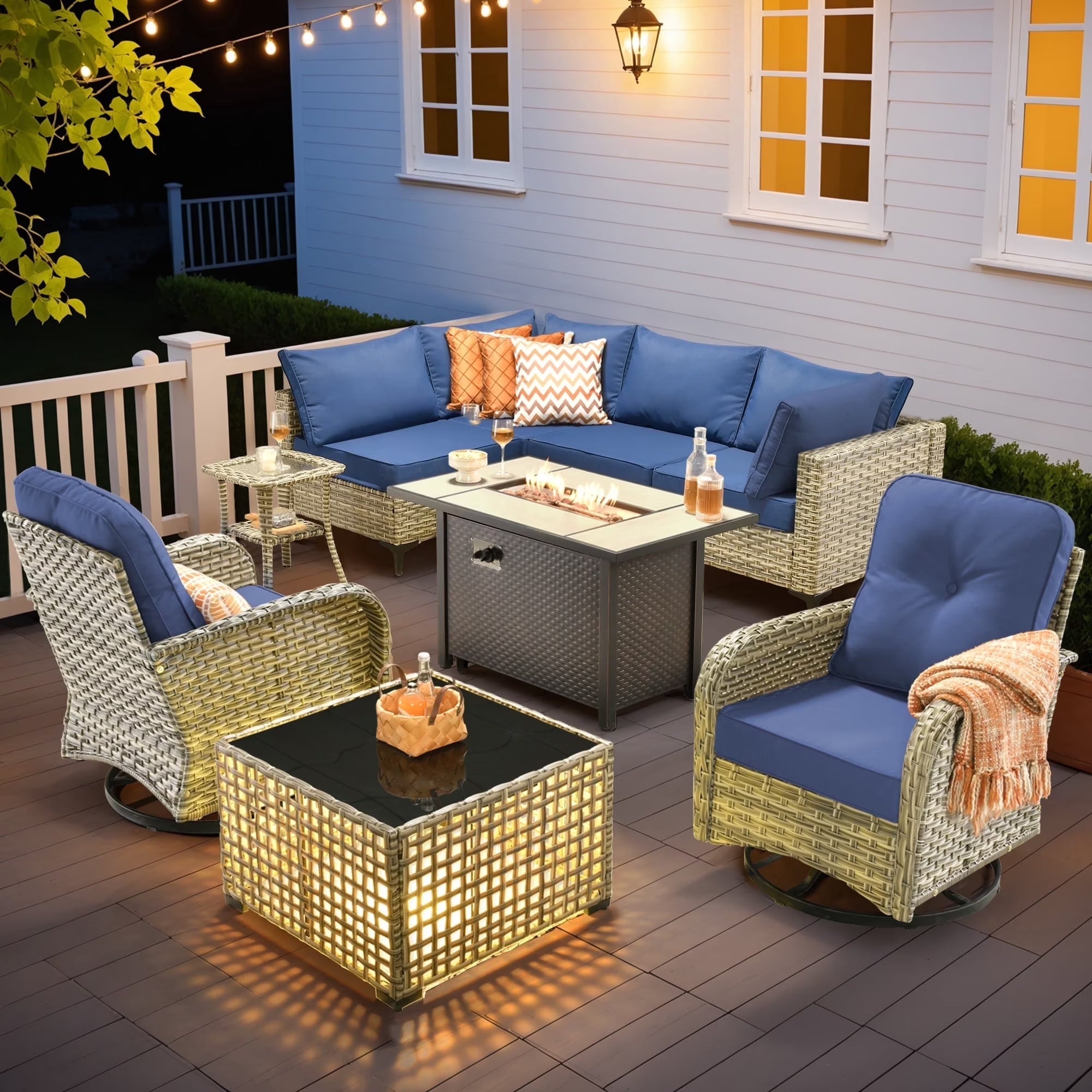 Outdoor Patio Furniture Set 9 Pieces Rattan Wicker Sectional with 42" Gas Fire Pit, Swivel Chairs, Solar Table, Navy Blue