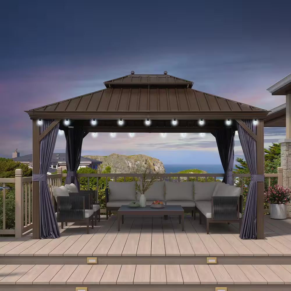 11 Ft. X 13 Ft. Bronze Patio Outdoor Gazebo Backyard Hardtop Aluminum Frame with Hooks, Netting Blue Curtain 24-Lights