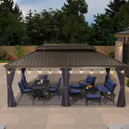 12 Ft. X 20 Ft. Bronze Patio Outdoor Gazebo for Backyard Hardtop Aluminum Frame Hooks, Netting, Blue Curtain, 36-Lights
