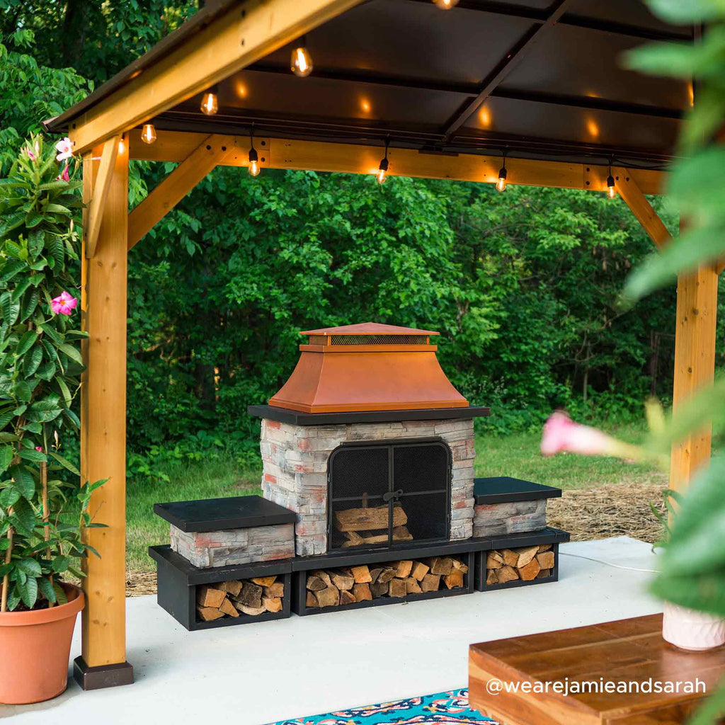 Outdoor 48 Inch Steel Wood Burning Stone Fireplace with Fire Poker and Removable Grate