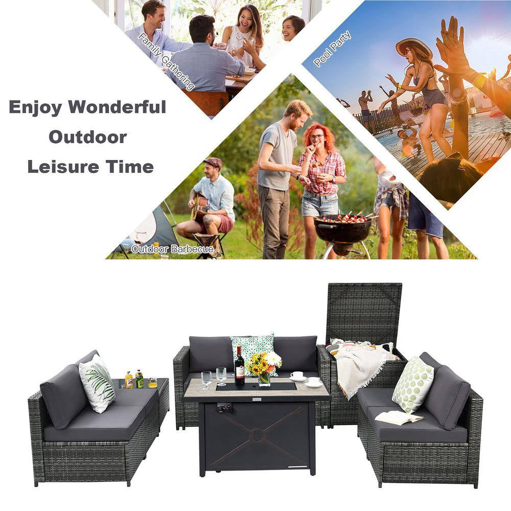 9-Pieces Patio Rattan Furniture Set Fire Pit Table Storage Grey with Cover Grey