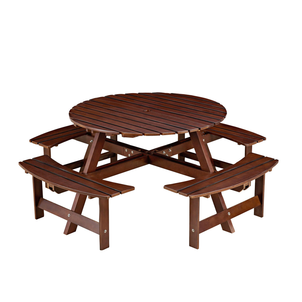 Outdoor 8- Person Round Picnic Table with Built-In Benches