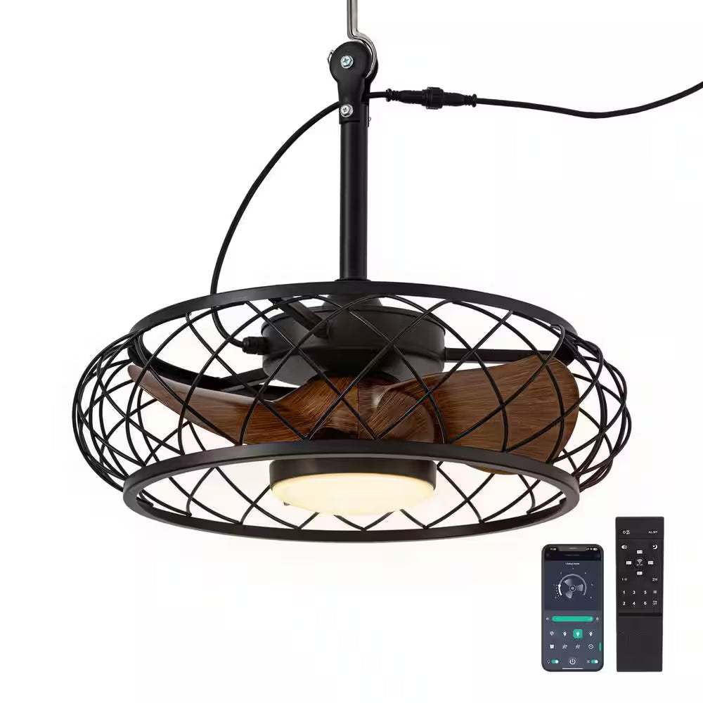 21 In. Smart Indoor/Outdoor Industrial Black Caged Plug-In Ceiling Fans with Dimmable LED with Remote Included