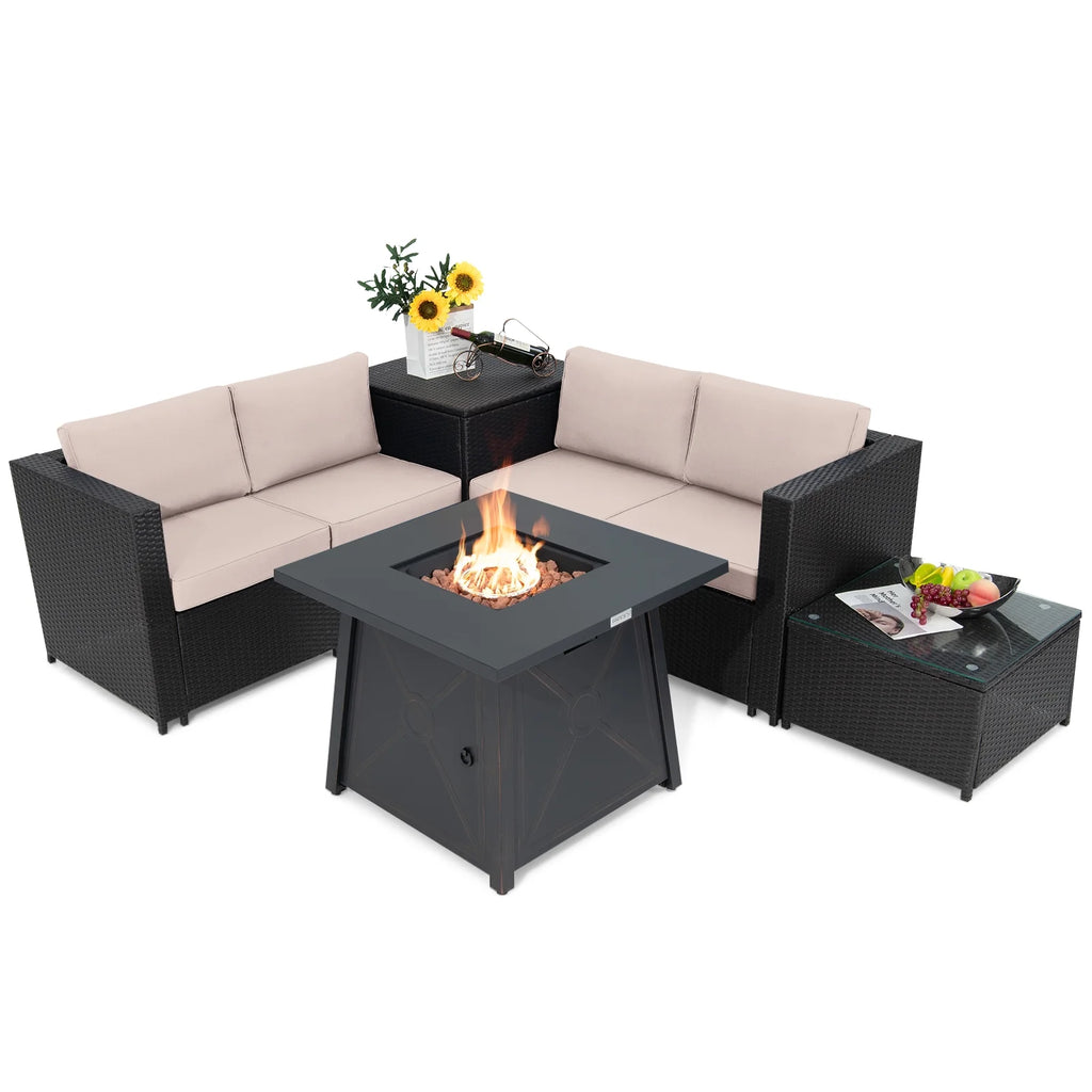 5-Piece Outdoor Patio Furniture Set with 50,000 BTU Propane Fire Pit Table Patio PE Wicker Conversation Set with Cushions Storage Box and Tempered Glass Coffee Table Beige