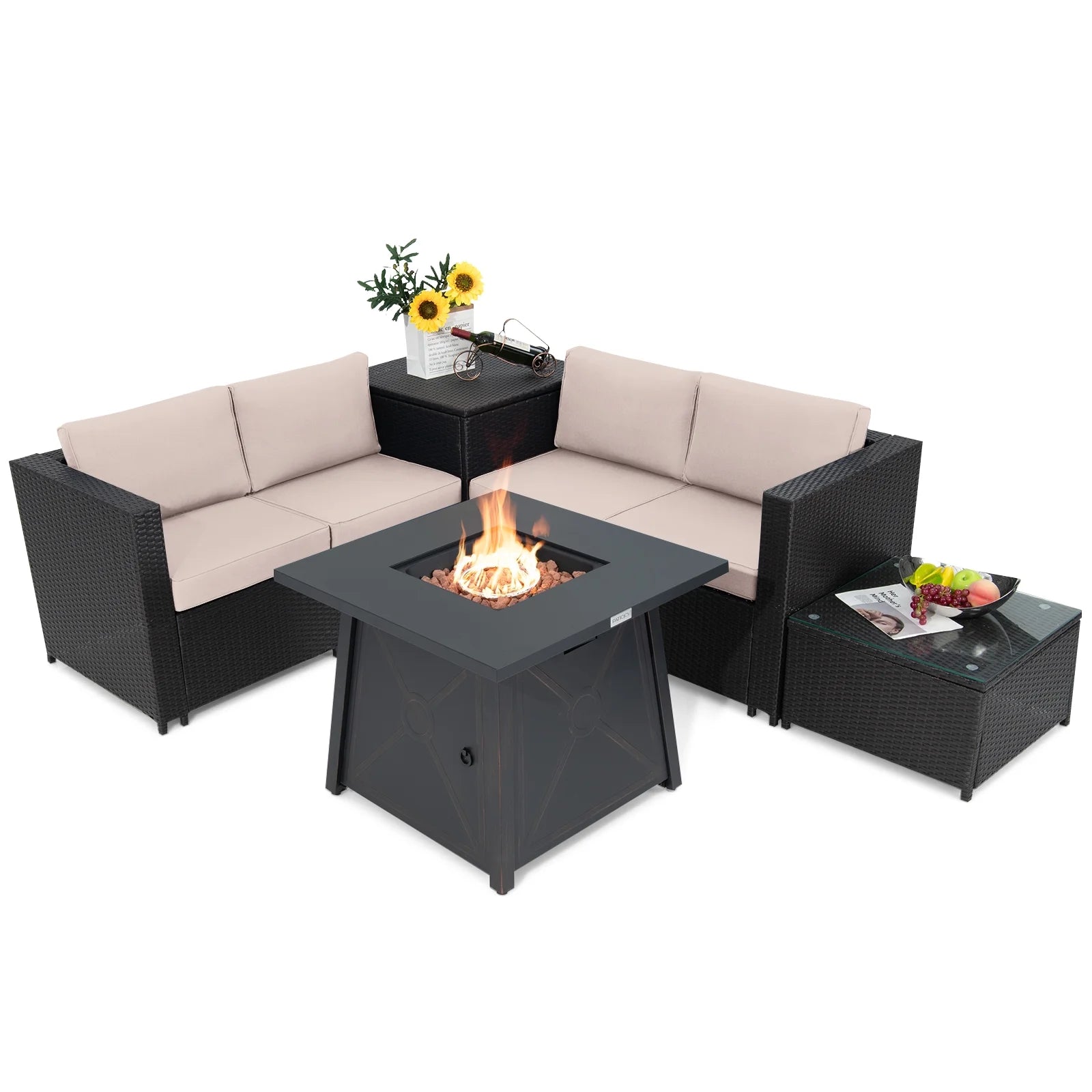 5-Piece Outdoor Patio Furniture Set with 50,000 BTU Propane Fire Pit Table Patio PE Wicker Conversation Set with Cushions Storage Box and Tempered Glass Coffee Table Beige