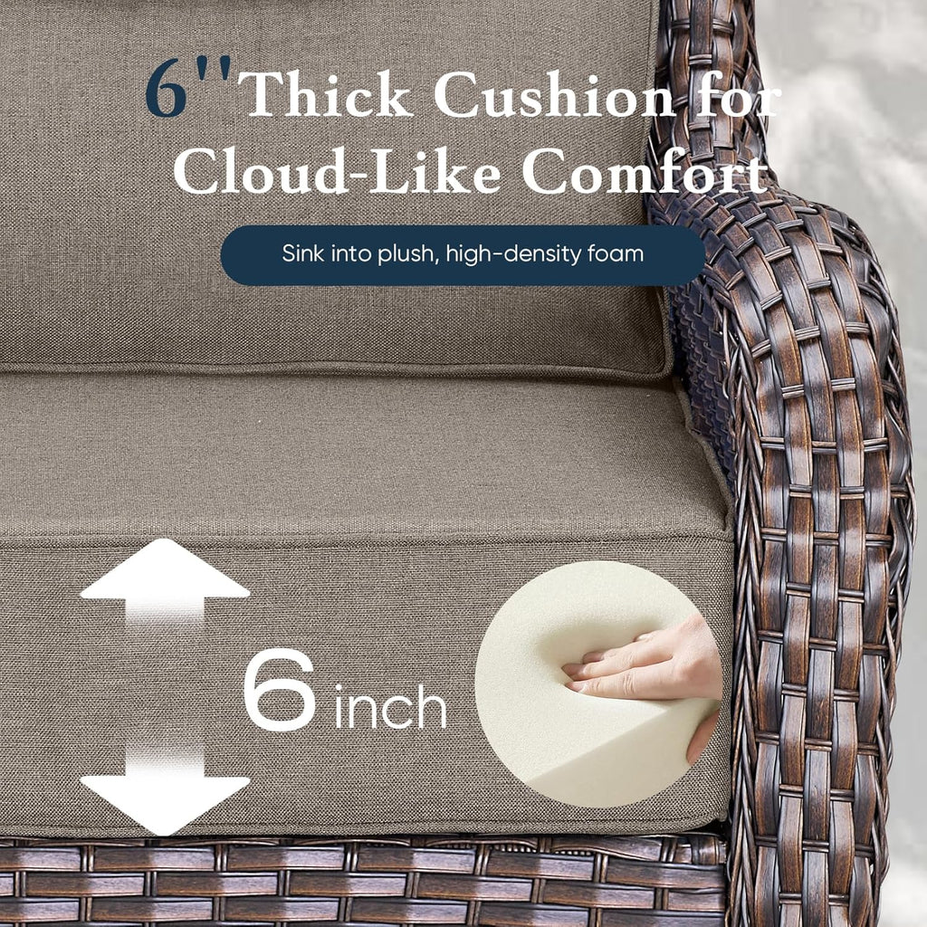 Luxury 6" Thick Cushioned 11 Pieces Patio Furniture Set with Outdoor Couch, Wicker Outdoor Conversation Set with High Back Swivel Rocker Chairs for Deck Porch Yard and Poolside - Brown+Grey