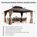 12 Ft.X 14 Ft.Bronze Aluminum Power-Coated Frame Galvanized Steel Double Roof Hardtop Gazebo,Hooks,Netting,Khaki Curtain