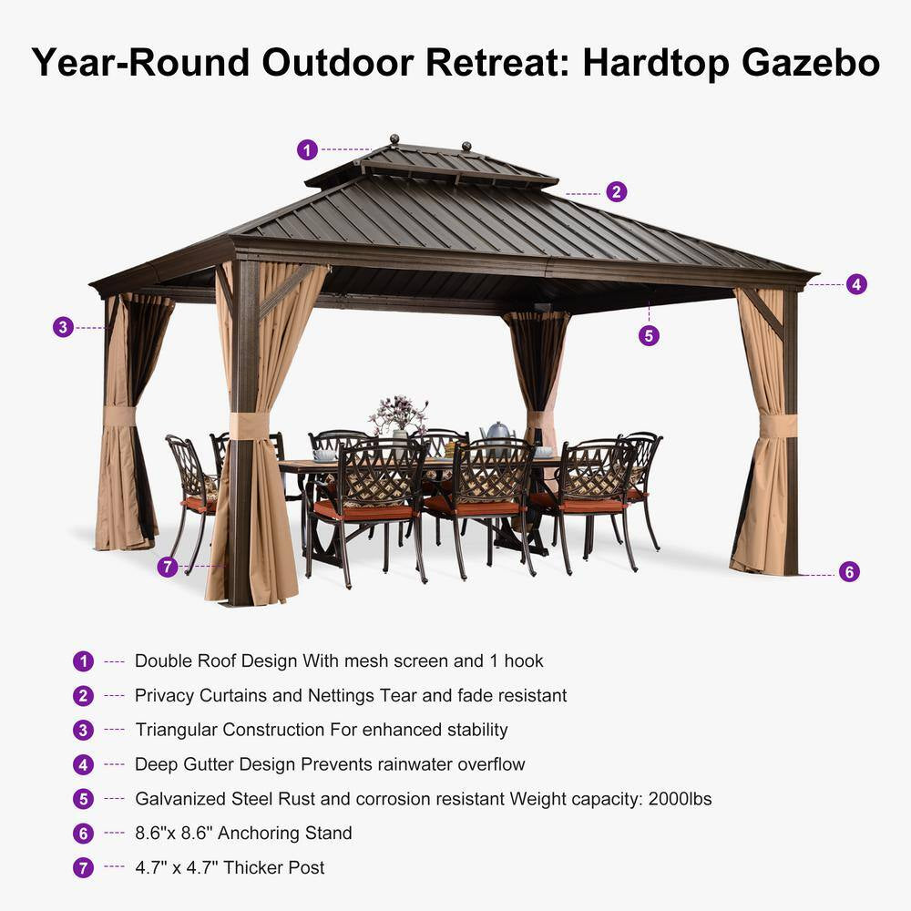 12 Ft.X 14 Ft.Bronze Aluminum Power-Coated Frame Galvanized Steel Double Roof Hardtop Gazebo,Hooks,Netting,Khaki Curtain