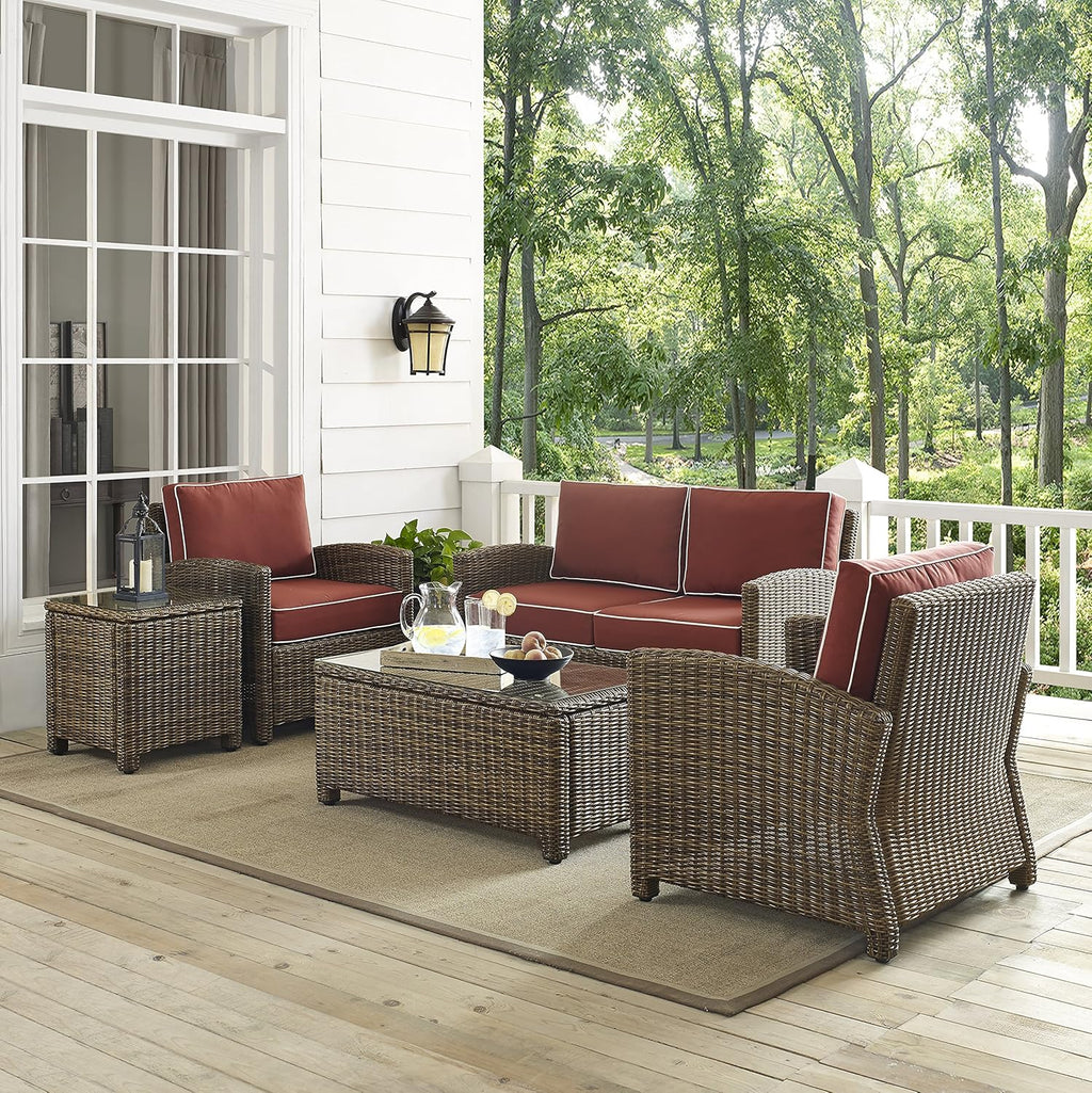 Bradenton 5-Piece Outdoor Loveseat Patio Furniture Set, Wicker Conversation Sets for Porch, Brown with Sangria Cushions