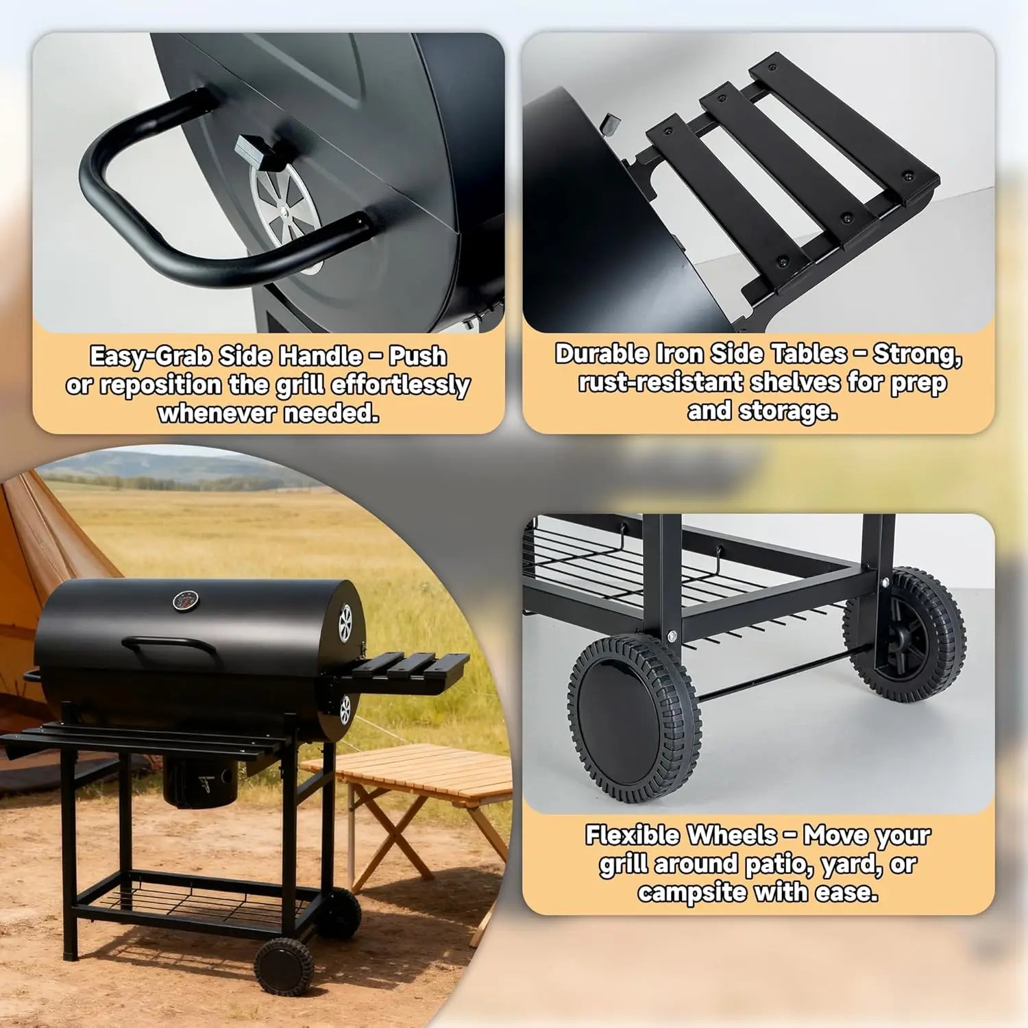 Charcoal BBQ Grills Outdoor: Spacious Barrel Barbecue Grill with Side Front Table Premium BBQ Smoker Combo for Backyard Cooking