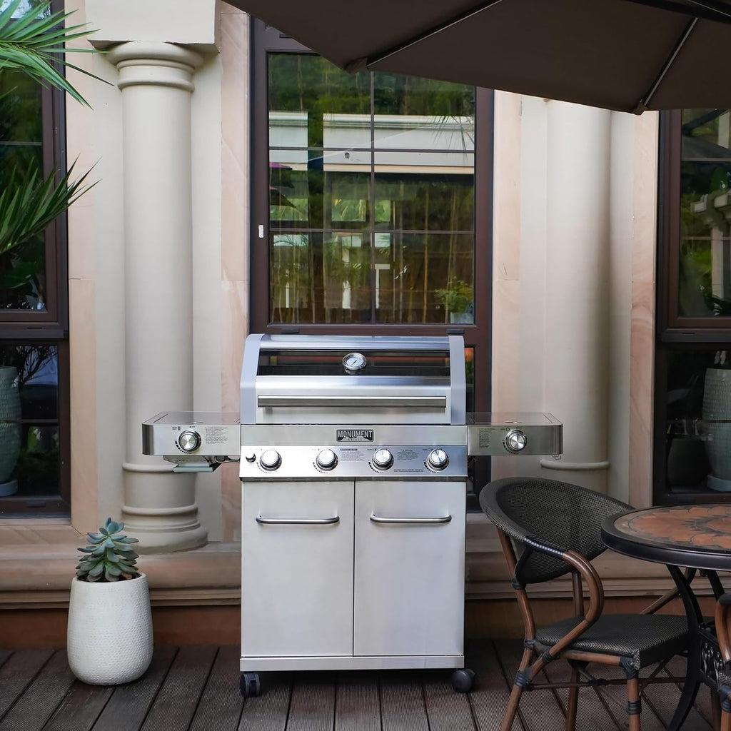 Larger 4+2 Burner Propane Gas Grills Stainless Steel Cabinet Style with Clearview® Lid, Knob Controls, Built-In Thermometer, Infrared Side Sear Burners & Side Burners, Outdoor Use