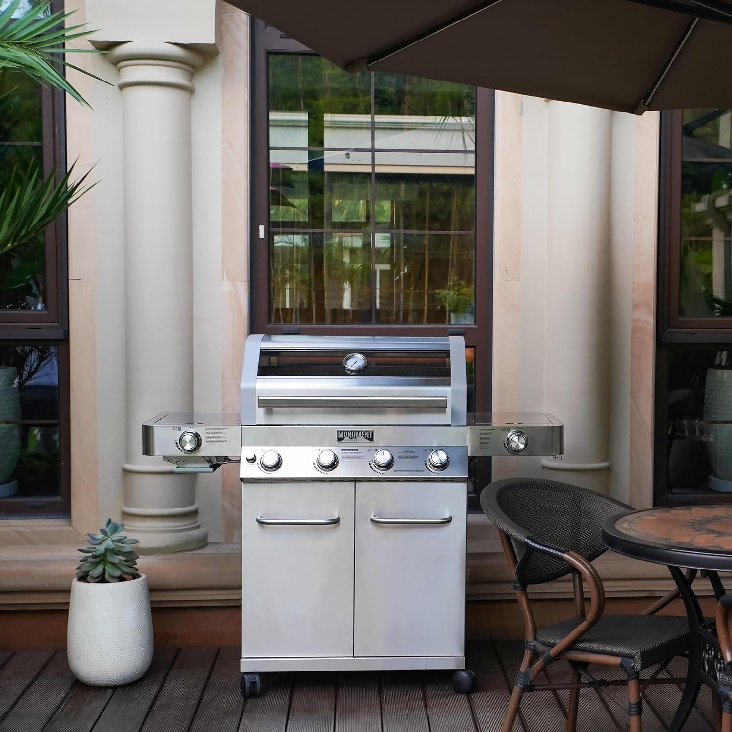 Larger 4+2 Burner Propane Gas Grills Stainless Steel Cabinet Style with Clearview® Lid, Knob Controls, Built-In Thermometer, Infrared Side Sear Burners & Side Burners, Outdoor Use