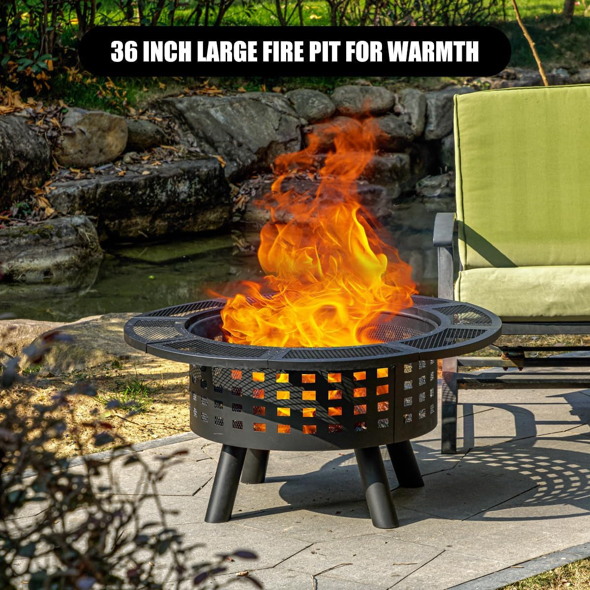 36 Inch Outdoor Fire Pit with Grill,Wood Burning Fire Pits for outside with Lid & Fire Poker,Metal 3-In-1 Firepit Table with Cooking Grate,Outdoor Firepit for Yard,Bonfire,Patio(Charcoal)