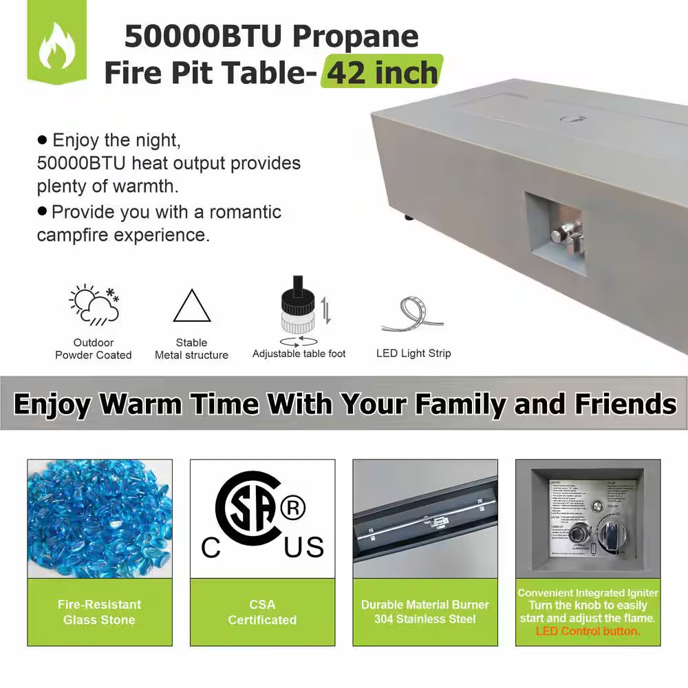 42 In. 50,000 BTU Rectangle Outdoor Propane Gas Fire Pit Table in Gray with Golden LED Light