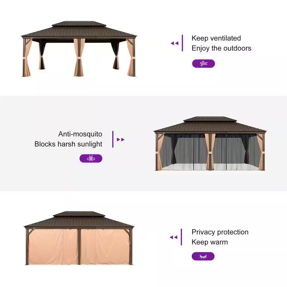 12 Ft.X 26 Ft.Bronze Patio Outdoor Gazebo for Backyard Hardtop Aluminum Frame with Hooks,Netting,Khaki Curtain,48-Lights