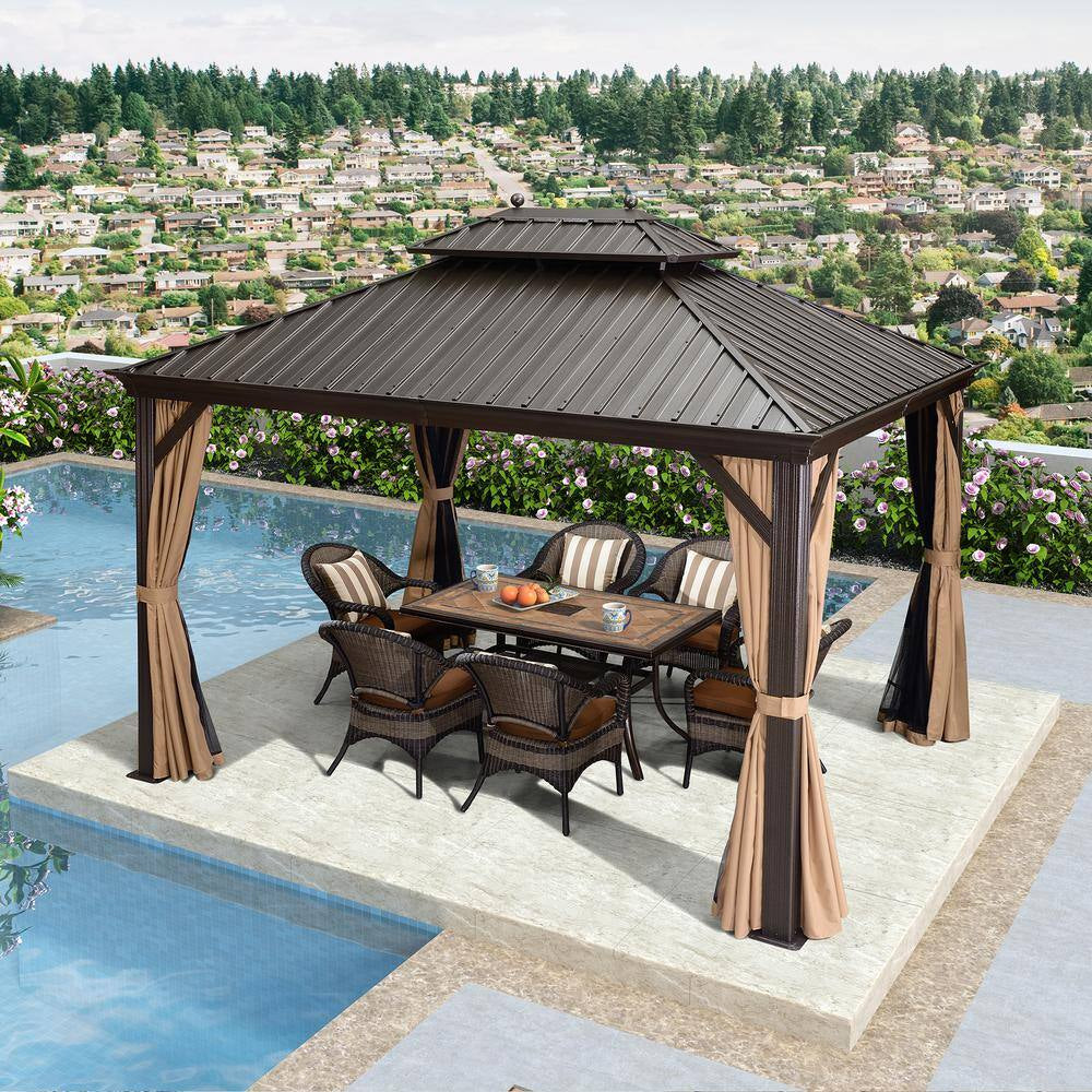 10 Ft.X 12 Ft.Bronze Aluminum Power-Coated Frame Galvanized Steel Double Roof Hardtop Gazebo,Hooks,Netting,Khaki Curtain