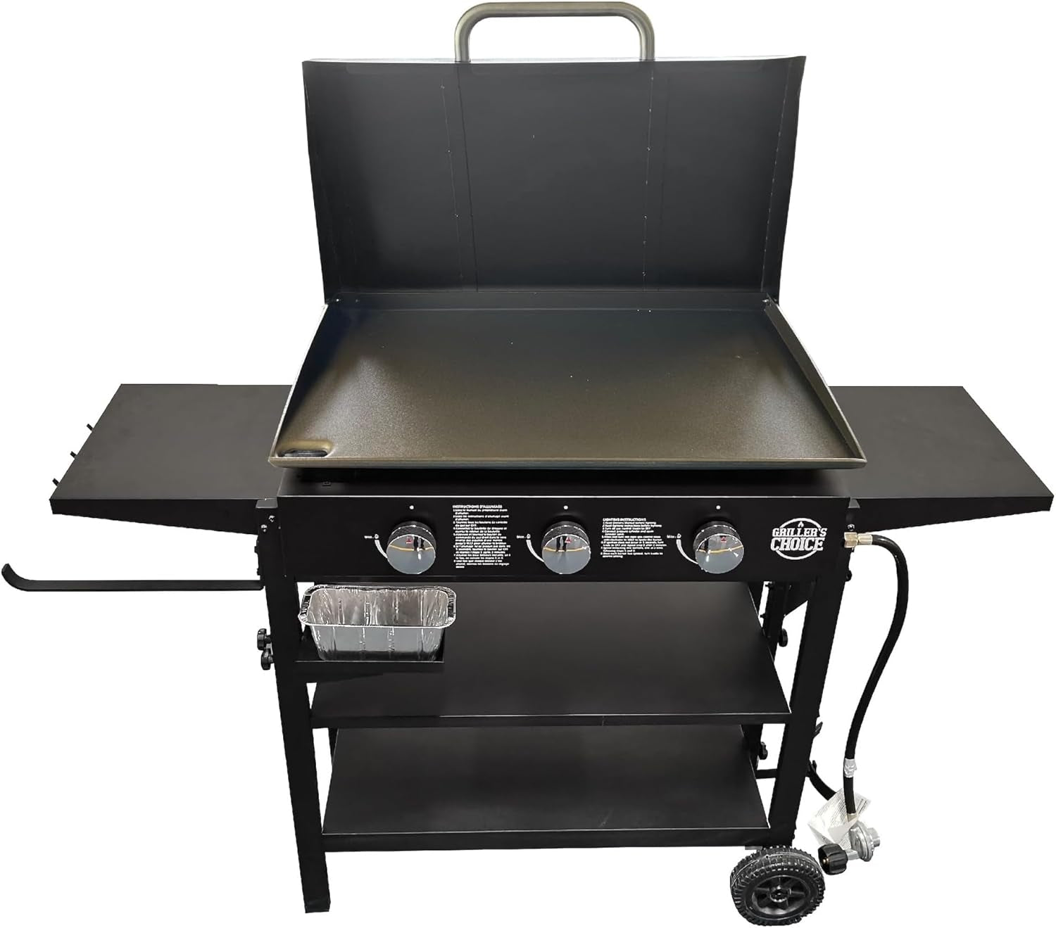 Griller'S Choice Gas Griddle with Hinged Hood & Wind Guards, 4 Shelves, Propane Griddle for Flat Grills Outdoor Cooking, Front Grease Management, Steel Flattop Grills Surface, Precision Heat Control