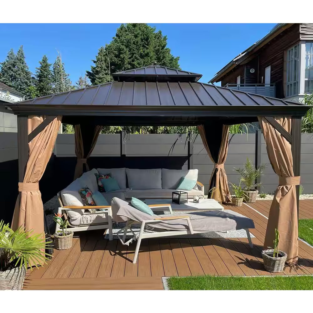 13 Ft. X 13 Ft. Bronze Patio Outdoor Gazebo Backyard Hardtop Aluminum Frame Hooks, Netting, Khaki Curtain, 24-Lights