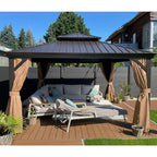 13 Ft. X 13 Ft. Bronze Patio Outdoor Gazebo Backyard Hardtop Aluminum Frame Hooks, Netting, Khaki Curtain, 24-Lights