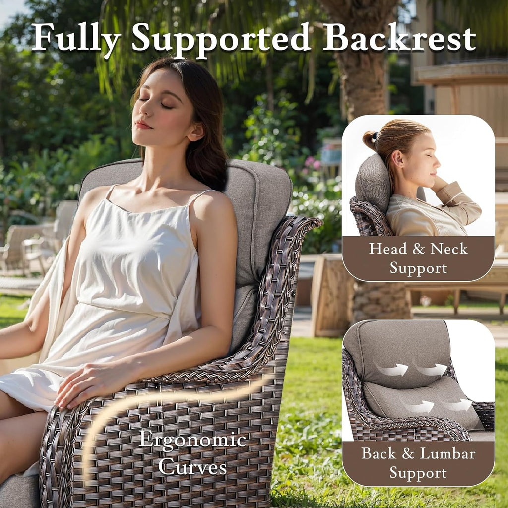 Luxury High Back Outdoor Furniture with 6-Inch Extra Thick Cushions, Patio Furniture Set with Fire Pit Table & Swivel Chairs, 9 PCS Wicker Conversation Set for Yard, Deck, Poolside, Brown/Grey