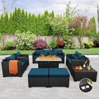 Patio Furniture Set 45-Inch Outdoor Fire Pits 8 PCS Outdoor Furniture Sets Patio Couch Outdoor Chairs 60000BTU Outdoor Propane Fire Pit Table No-Slip Cushions and Waterproof Covers, Peacock Blue