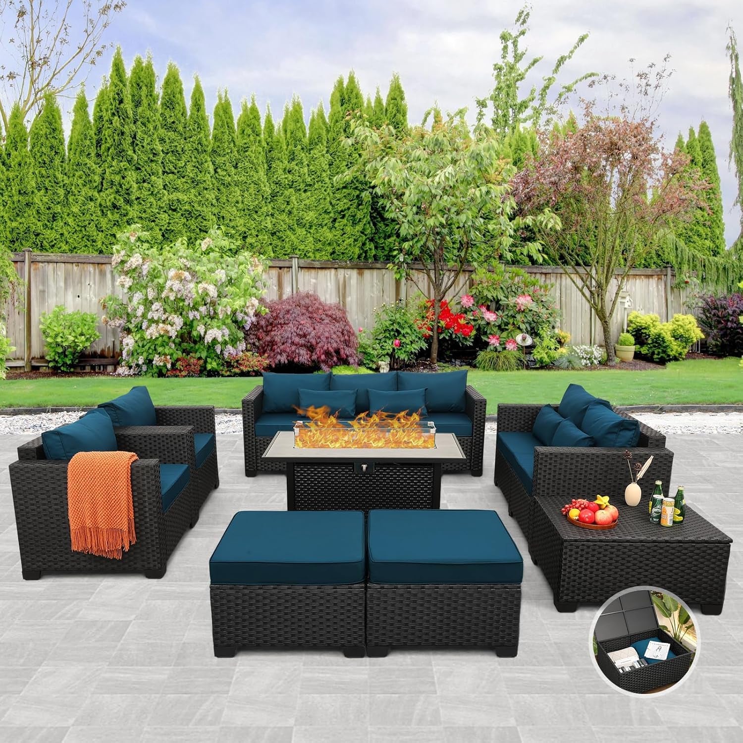Patio Furniture Set 45-Inch Outdoor Fire Pits 8 PCS Outdoor Furniture Sets Patio Couch Outdoor Chairs 60000BTU Outdoor Propane Fire Pit Table No-Slip Cushions and Waterproof Covers, Peacock Blue