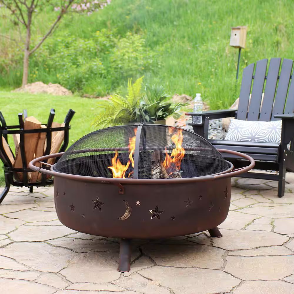 Cosmic 42 In. X 23 In. Large round Steel Wood Burning Fire Pit with Spark Screen