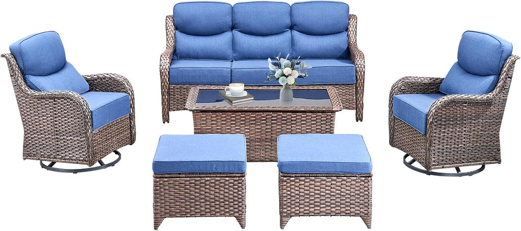 Luxury High Back Outdoor Furniture with 6-Inch Thick Cushions, Patio Furniture Set with Swivel Chairs, 6 PCS Wicker Conversation Set for Porch, Balcony, Deck and Yard