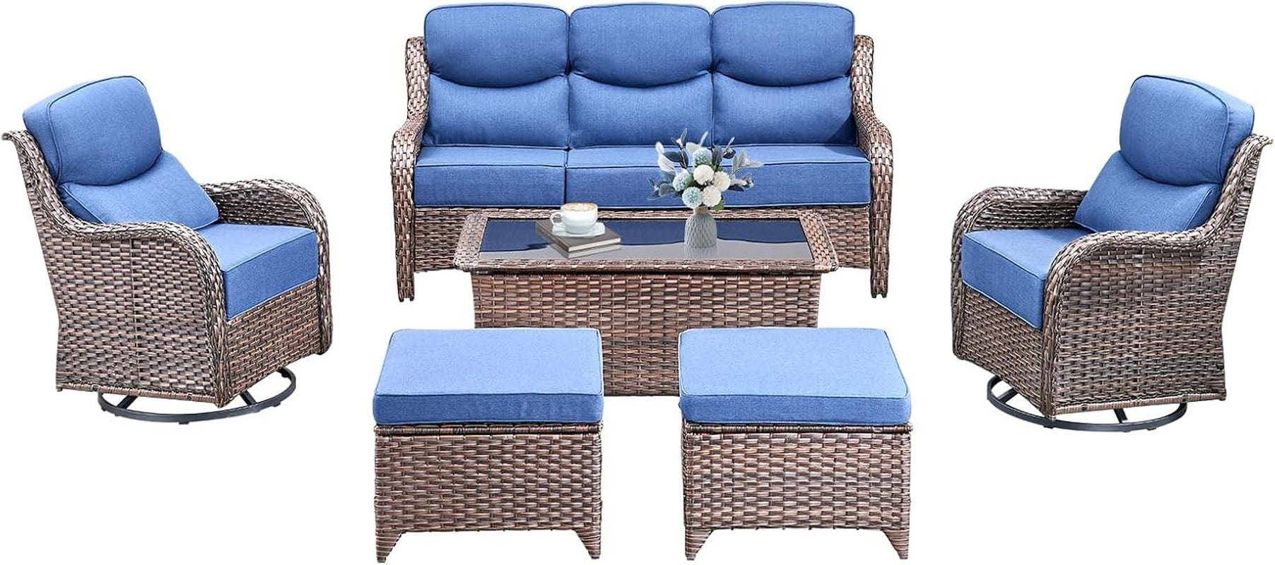 Luxury High Back Outdoor Furniture with 6-Inch Thick Cushions, Patio Furniture Set with Swivel Chairs, 6 PCS Wicker Conversation Set for Porch, Balcony, Deck and Yard