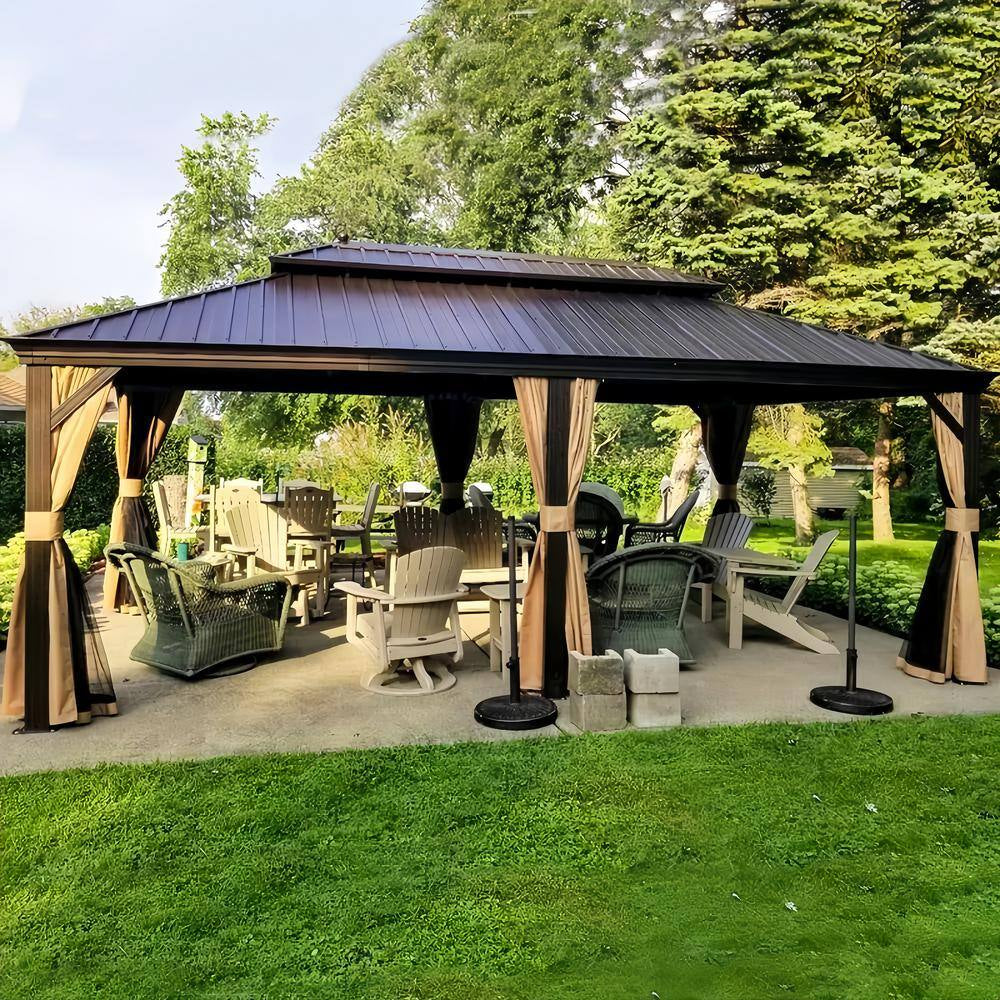 12 Ft. X 20 Ft. Bronze Patio Outdoor Gazebo for Backyard Hardtop Aluminum Frame Hooks, Netting, Khaki Curtain, 36-Lights