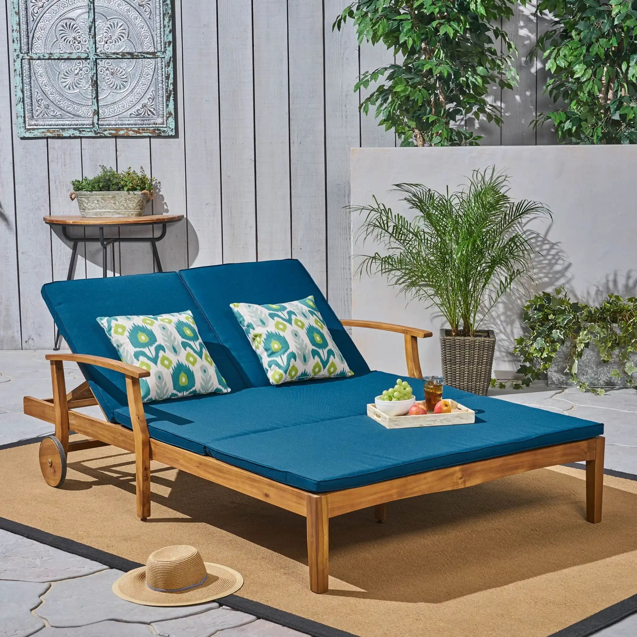Outdoor Adjustable Double Chaise Lounge with Water Resistant Cushions