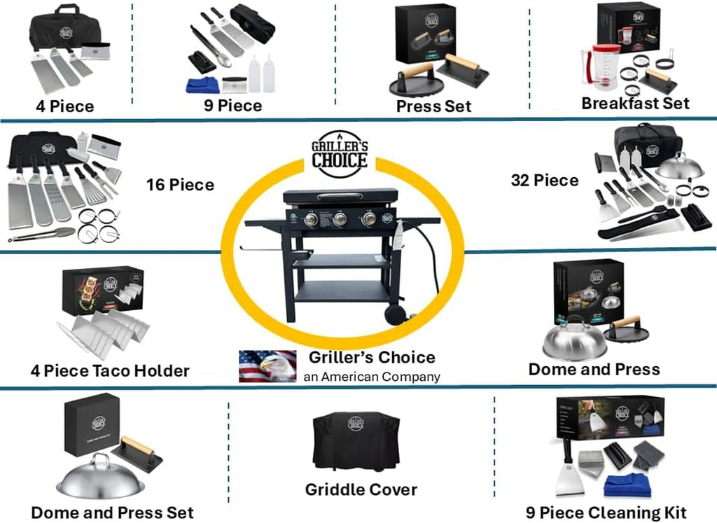 Griller'S Choice Gas Griddle with Hinged Hood & Wind Guards, 4 Shelves, Propane Griddle for Flat Grills Outdoor Cooking, Front Grease Management, Steel Flattop Grills Surface, Precision Heat Control