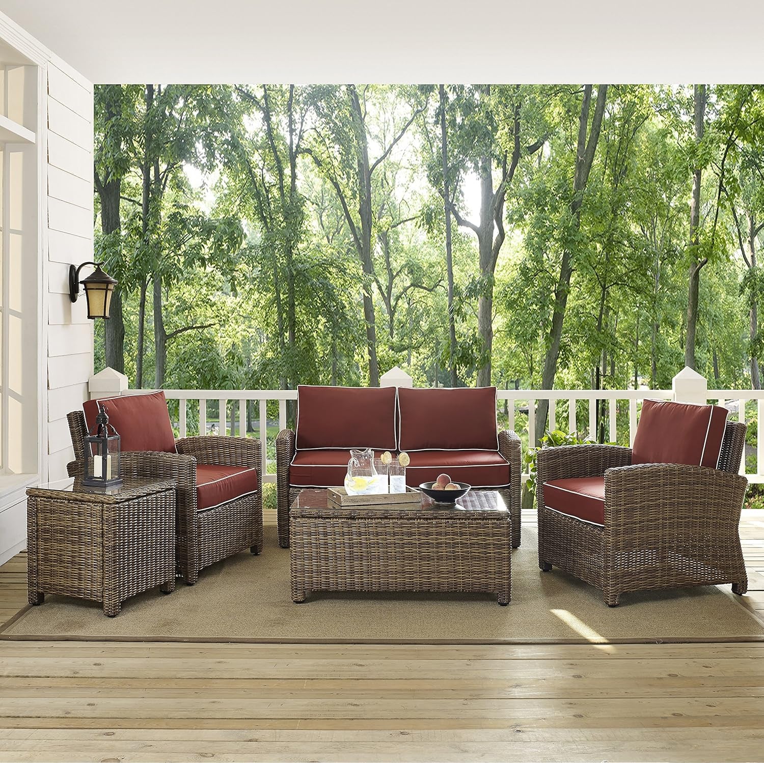 Bradenton 5-Piece Outdoor Loveseat Patio Furniture Set, Wicker Conversation Sets for Porch, Brown with Sangria Cushions