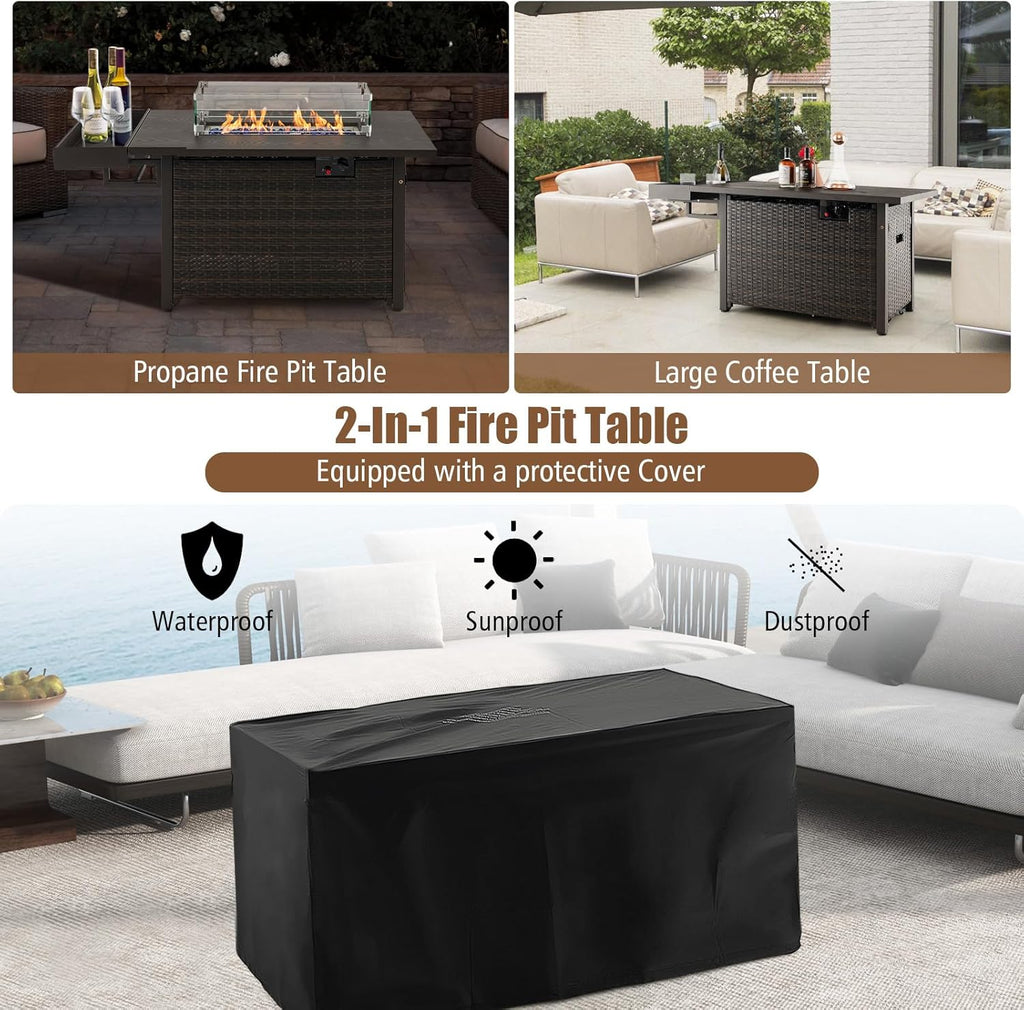 Patio Propane Fire Pit Table, 52 Inch Wicker Gas Fire Pit with Wind Guard & Extended Shelf, 50,000 BTU Heat Output, Rectangular Fire Table with Blue Fire Stone & Waterproof Cover (Brown)