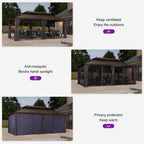 12 Ft. X 20 Ft. Bronze Patio Outdoor Gazebo for Backyard Hardtop Aluminum Frame Hooks, Netting, Blue Curtain, 36-Lights
