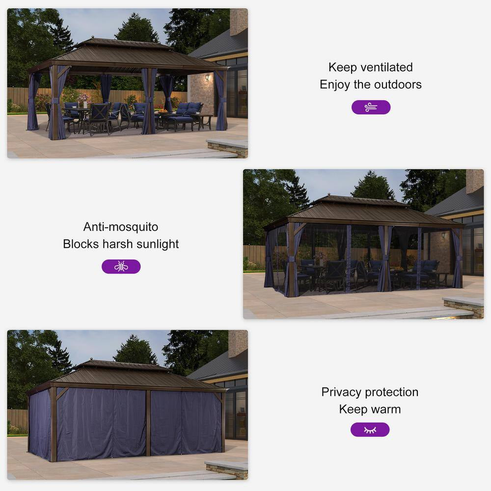 12 Ft. X 20 Ft. Bronze Patio Outdoor Gazebo for Backyard Hardtop Aluminum Frame Hooks, Netting, Blue Curtain, 36-Lights
