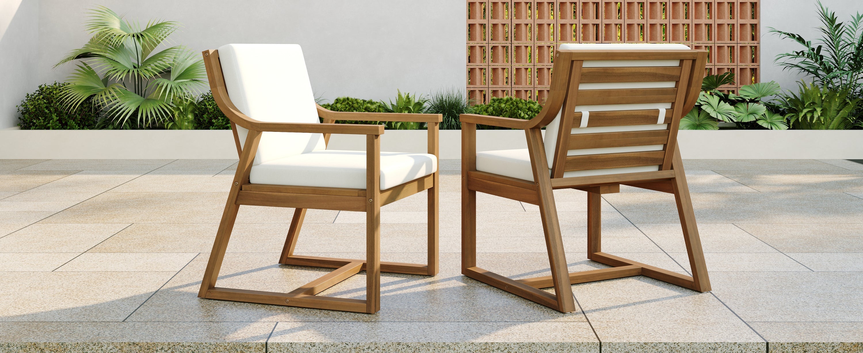 Patio Dining Chair Set of 2, Wood Outdoor Armchairs with Removable Cushions