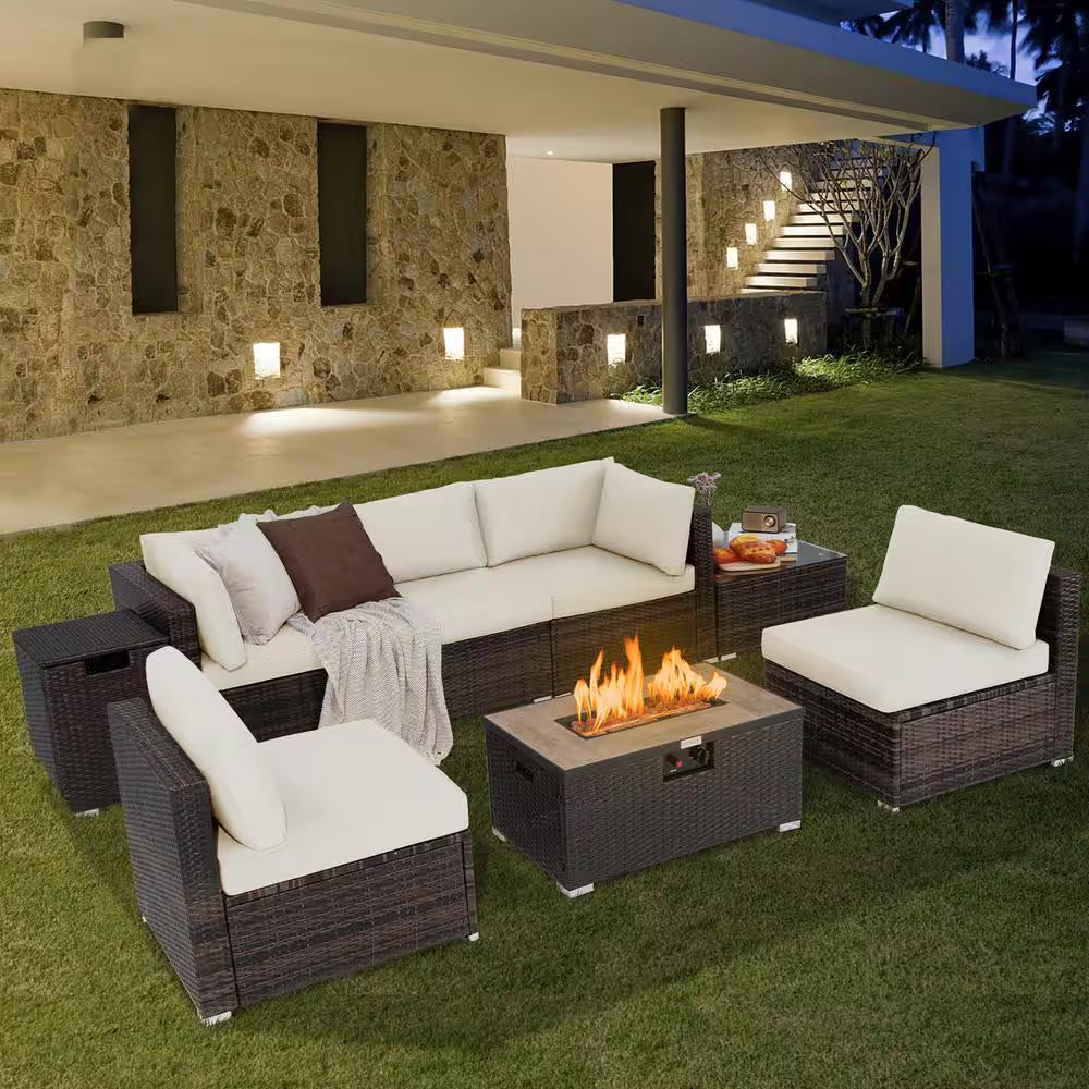 8-Piece Patio Rattan Furniture Set Fire Pit Table Tank Holder Cover Deck off White
