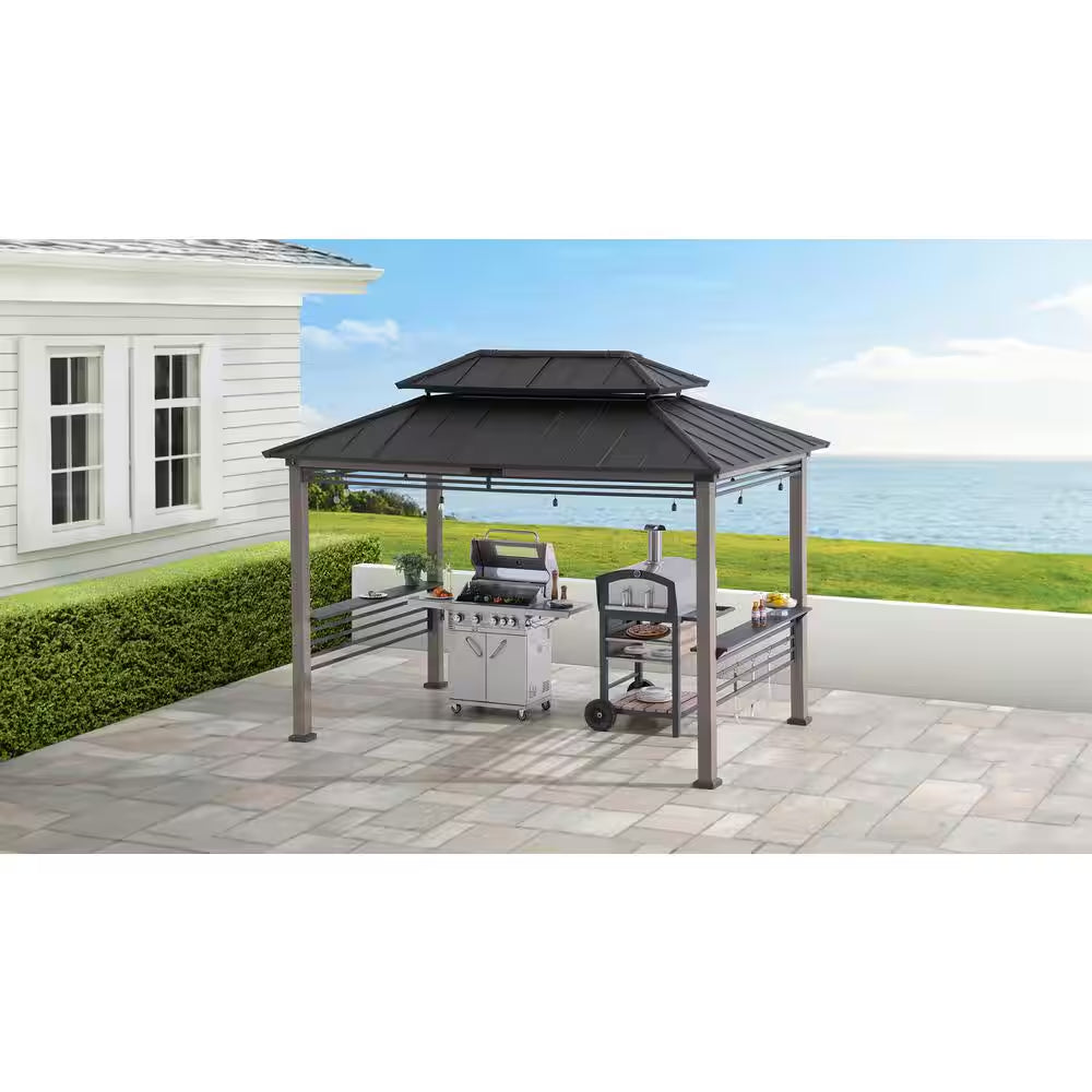 8 Ft. X 12 Ft. Matte Black Aspen Cedar Framed Grill Gazebo with Exclusive AC Power Port for Backyard