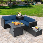 5-Piece Outdoor Patio Furniture Set with 50,000 BTU Propane Fire Pit Table Patio PE Wicker Conversation Set with Cushions Storage Box and Tempered Glass Coffee Table Navy