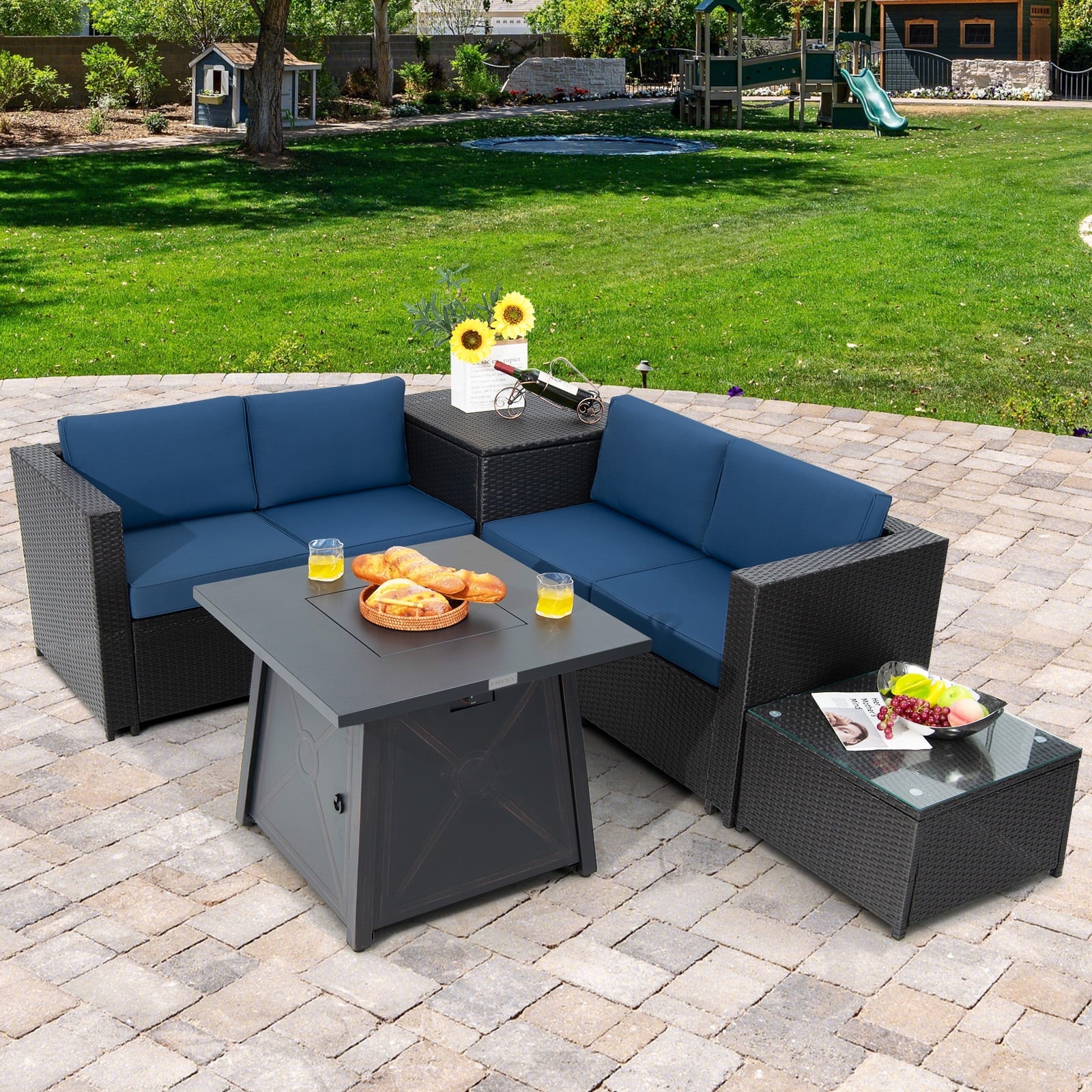 5-Piece Outdoor Patio Furniture Set with 50,000 BTU Propane Fire Pit Table Patio PE Wicker Conversation Set with Cushions Storage Box and Tempered Glass Coffee Table Navy
