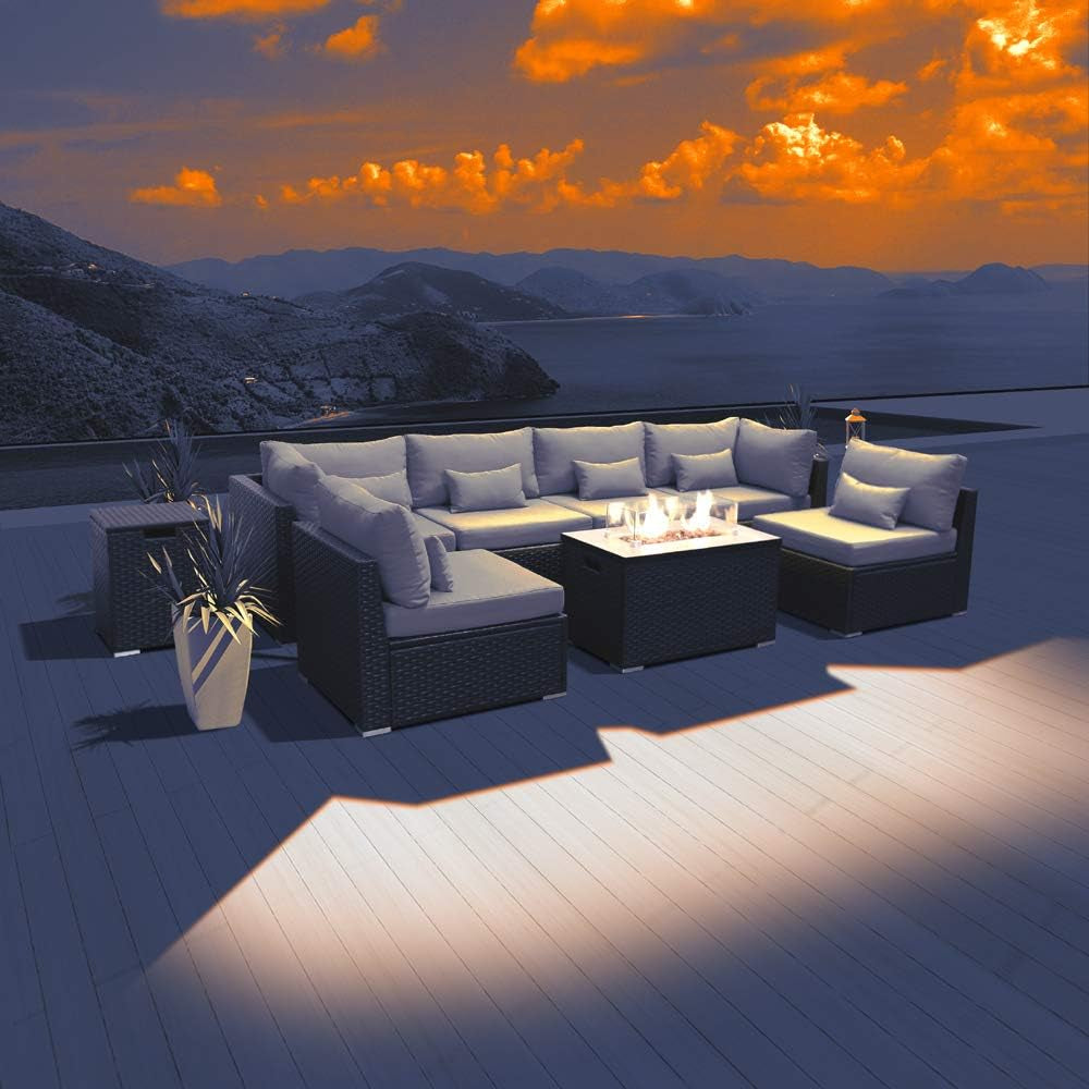 Outdoor Patio Furniture Set Wicker Rattan Patio Conversation Set with Fire Pit Table Sectional Sofa Set Seating Furniture with Thickened Cushion (Light Gray - Rectangular Fire Pit Table)
