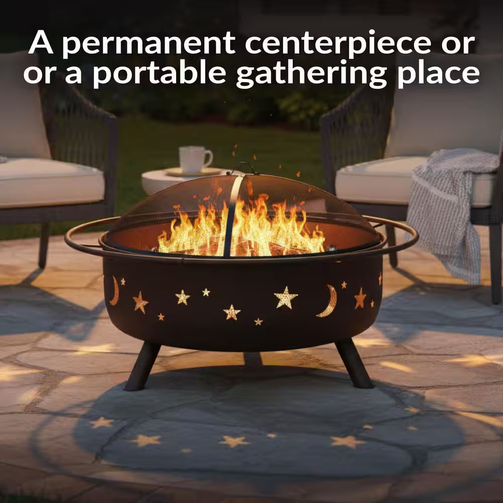 Cosmic 42 In. X 23 In. Large round Steel Wood Burning Fire Pit with Spark Screen