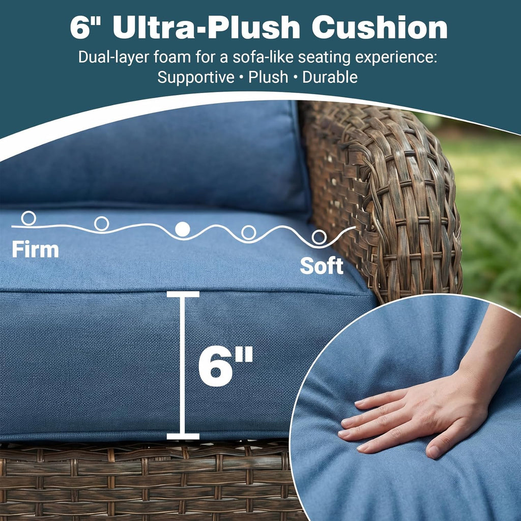 Patio Furniture Set, 7PCS Outdoor Wicker Conversation Set with 6" Thick Cushions, High Back Rattan Sofa & Swivel Rocker Chairs, Weather Resistant Olefin Fabric for Garden, Poolside, Navy Blue