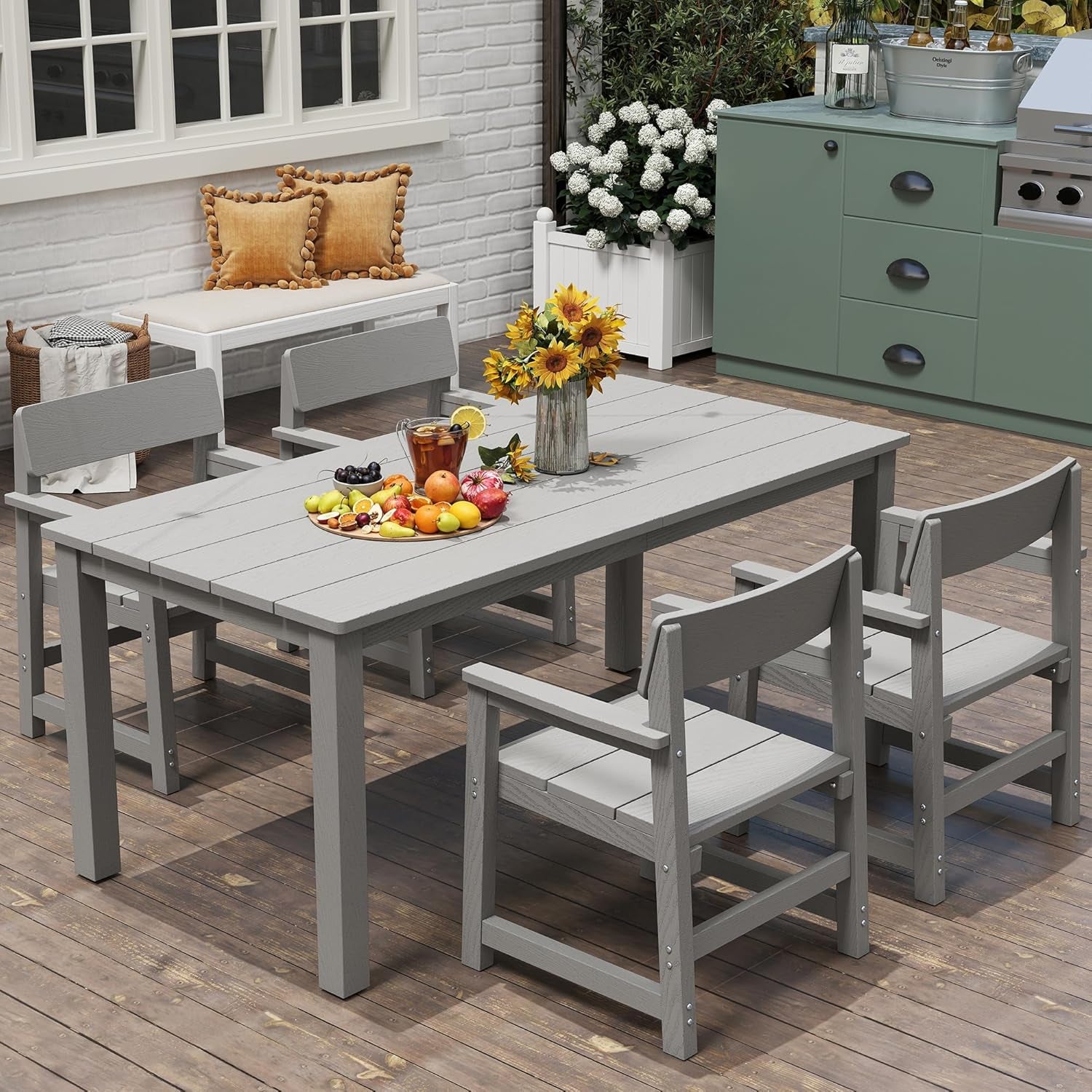 5-Piece HIPS Patio Dining Set for 4 Person Outdoor Dining Sets with Umbrella Hole Tables and Chairs Furniture Set All Weather Proof for Garden, Backyard, Poolside